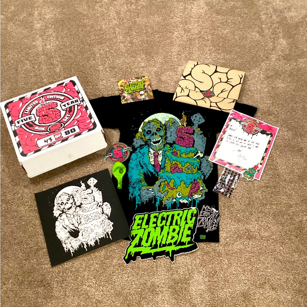 Electric Zombies Rare 5 Year Birthday limited edition box. With Small T-shirt.
